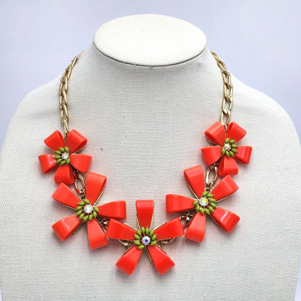 J. Crew VTG HTF Big Flower Statement Necklace 20" Gold Chain Costume Jewelry